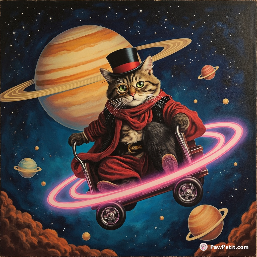 Cat riding a neon rollercoaster through the rings of Saturn with a top hat and monocle.