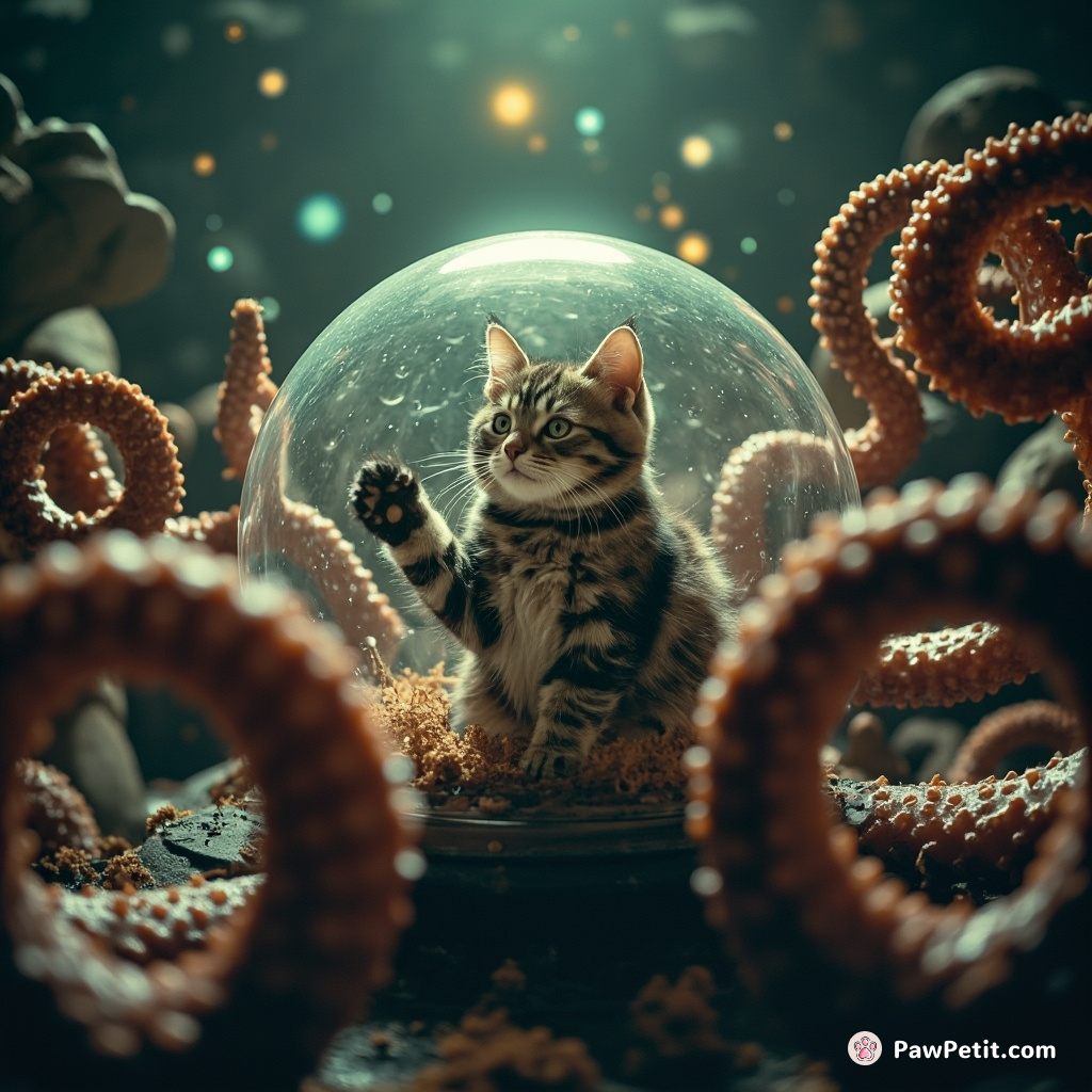 Inside an unearthly ethereal orb, a tabby cat engaged the titan tentacles of Martian machinery, substantially purring in command.