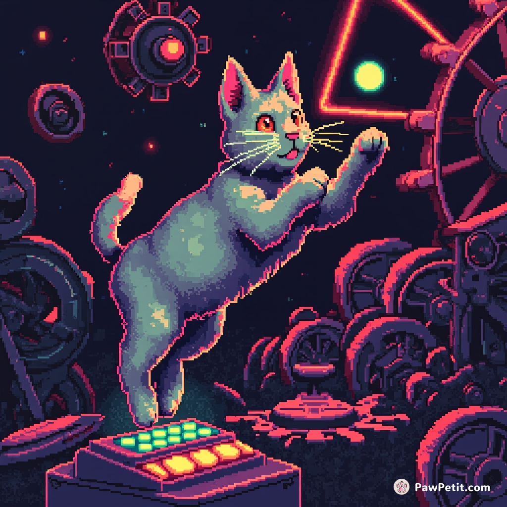The feline deftly leaps between rotating gears, landing precisely on a glowing control panel.