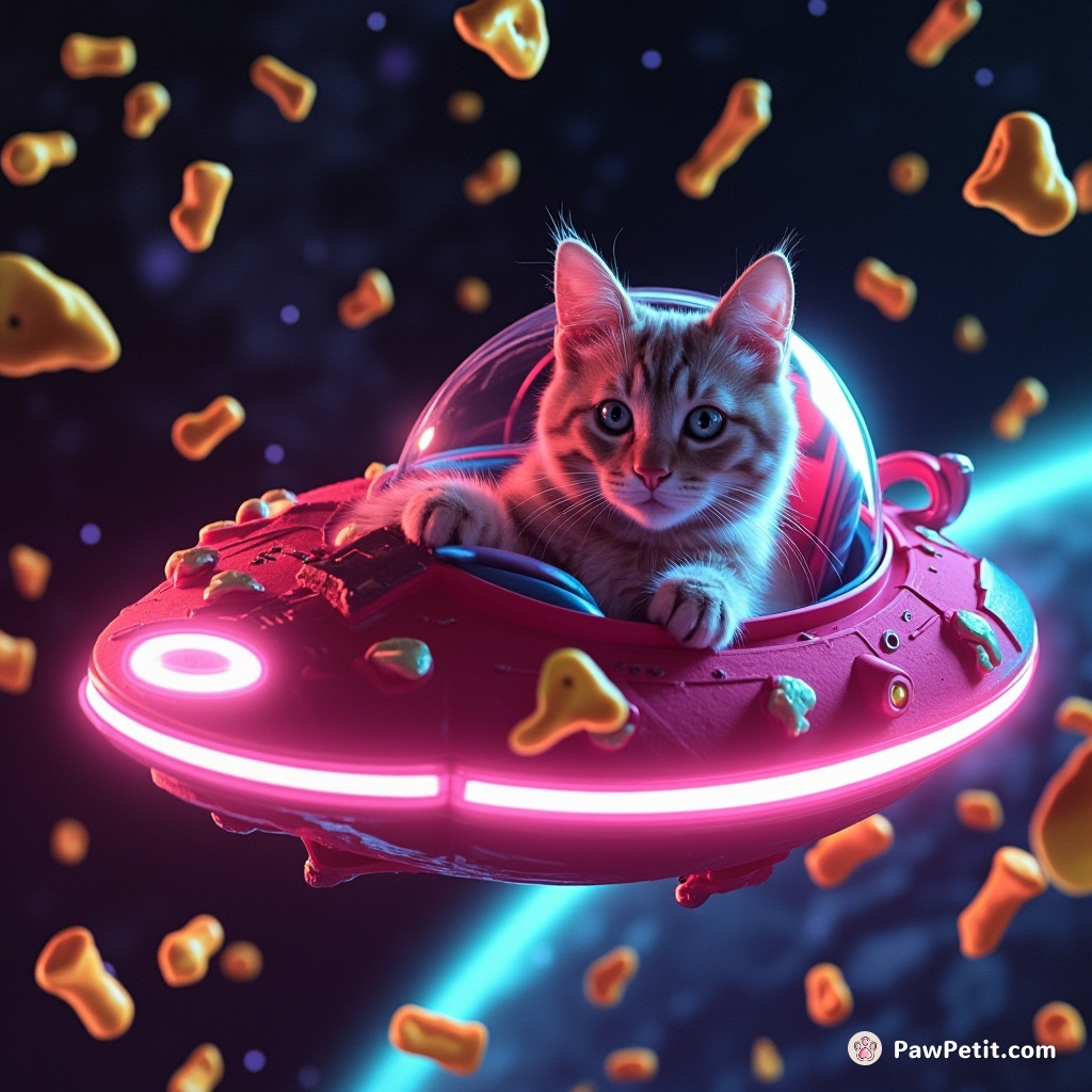 Cat piloting a neon-glowing spaceship through galaxy made of nacho cheese.