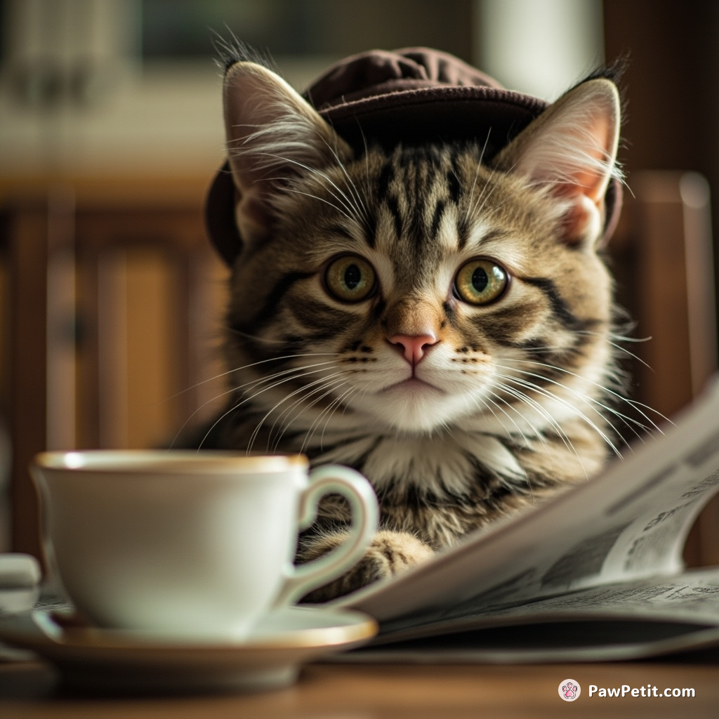 Curious cat dons tiny hat, mimics sipping tea, and pretends to read newspaper at breakfast table.
