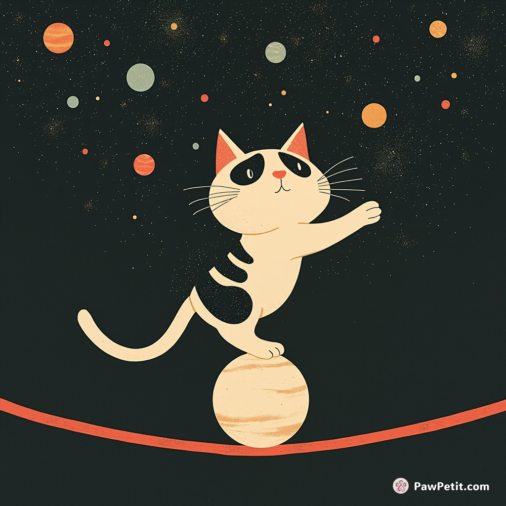Giant cat, effortlessly balancing on a marble atop a circus high wire, juggling twinkling galaxies.