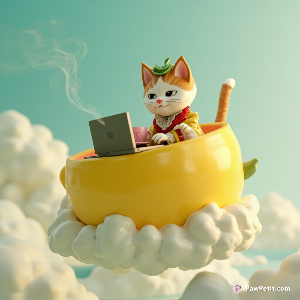 A Victorian-era cat sipping tea on a floating cloud while surfing the internet with a lemon-shaped computer.