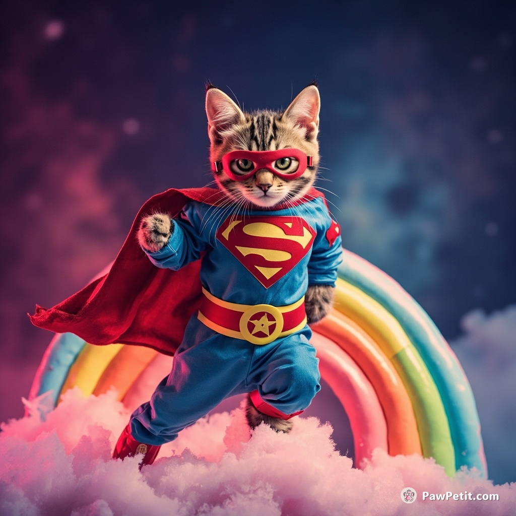 A tabby cat in a superhero costume, striking a heroic pose on rainbow made of candy, against a neon nebula backdrop.