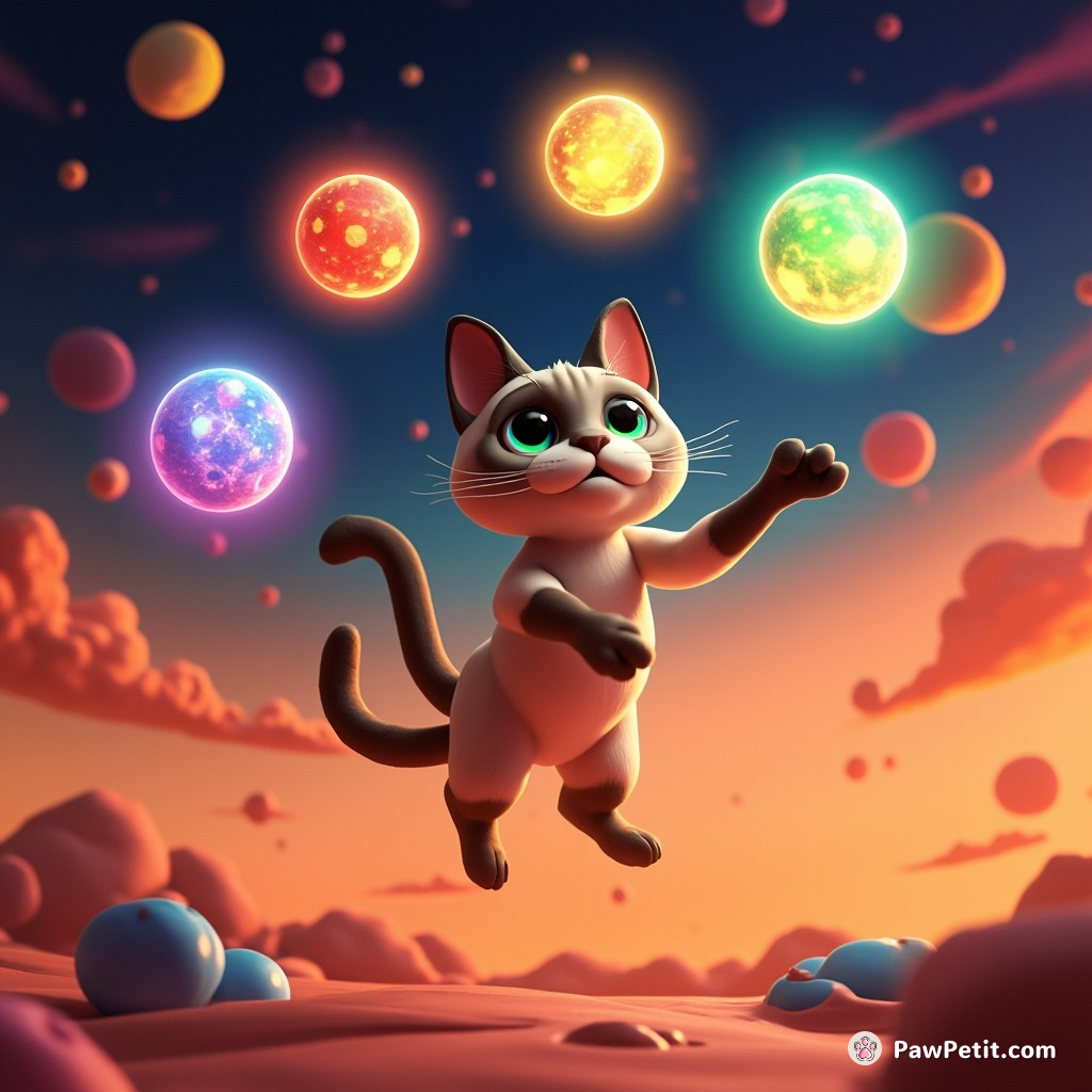 A Siamese cat juggling tiny glowing universes on a Mars landscape.