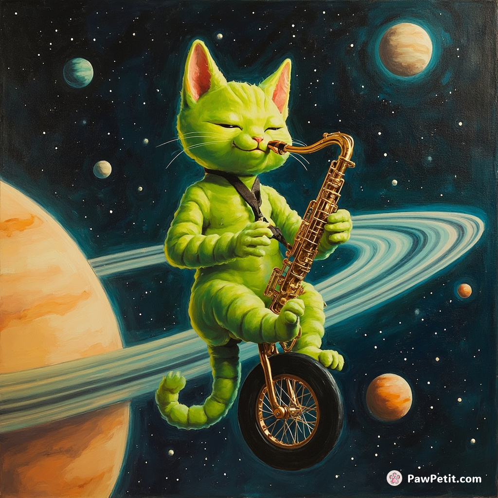 A fluorescent green alien cat playing jazzy blues on a saxophone while riding a unicycle across the rings of Saturn.