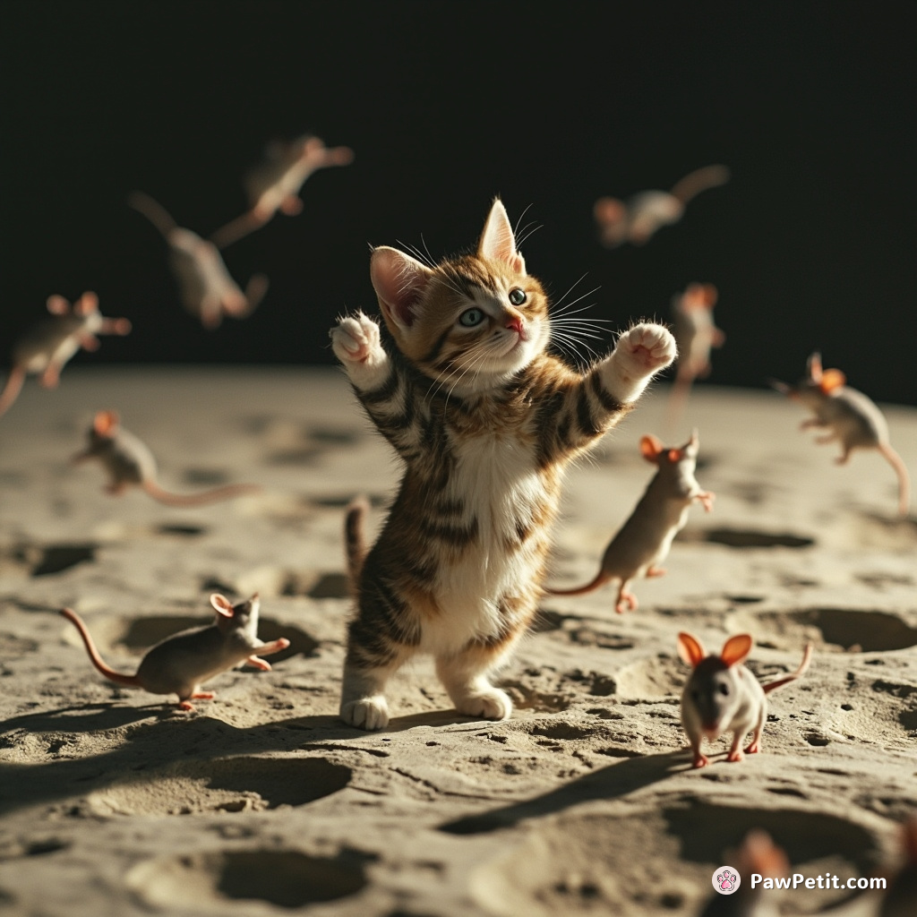 Cat gracefully dancing a lunar waltz with martian mice on the cheese surface of the moon.
