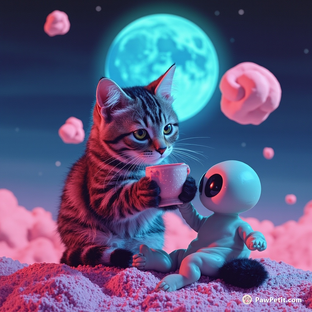 Cat sipping stardust tea with an alien, on a marshmallow planet under a blue tomato moon.