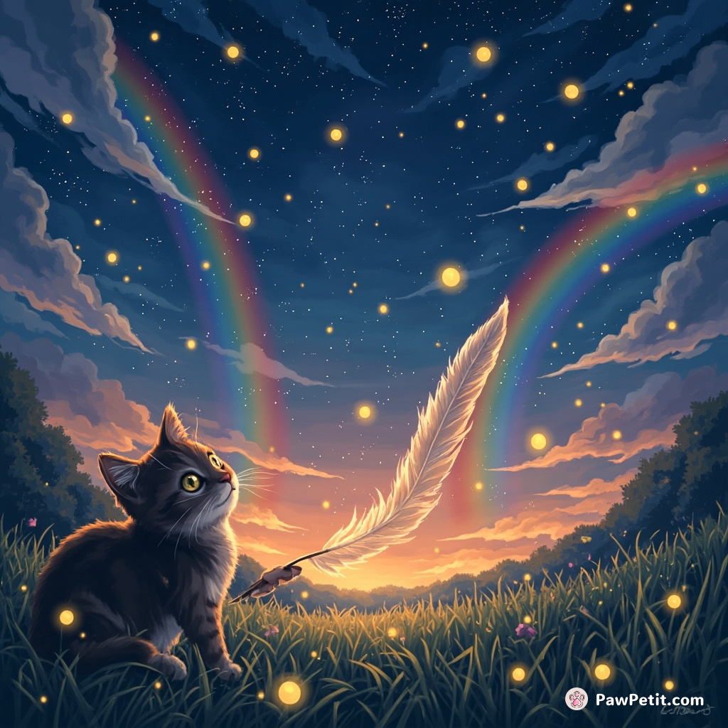 Cat conducting a symphony of fireflies with a quill pen, shortly after rainbows becoming visible at twilight.