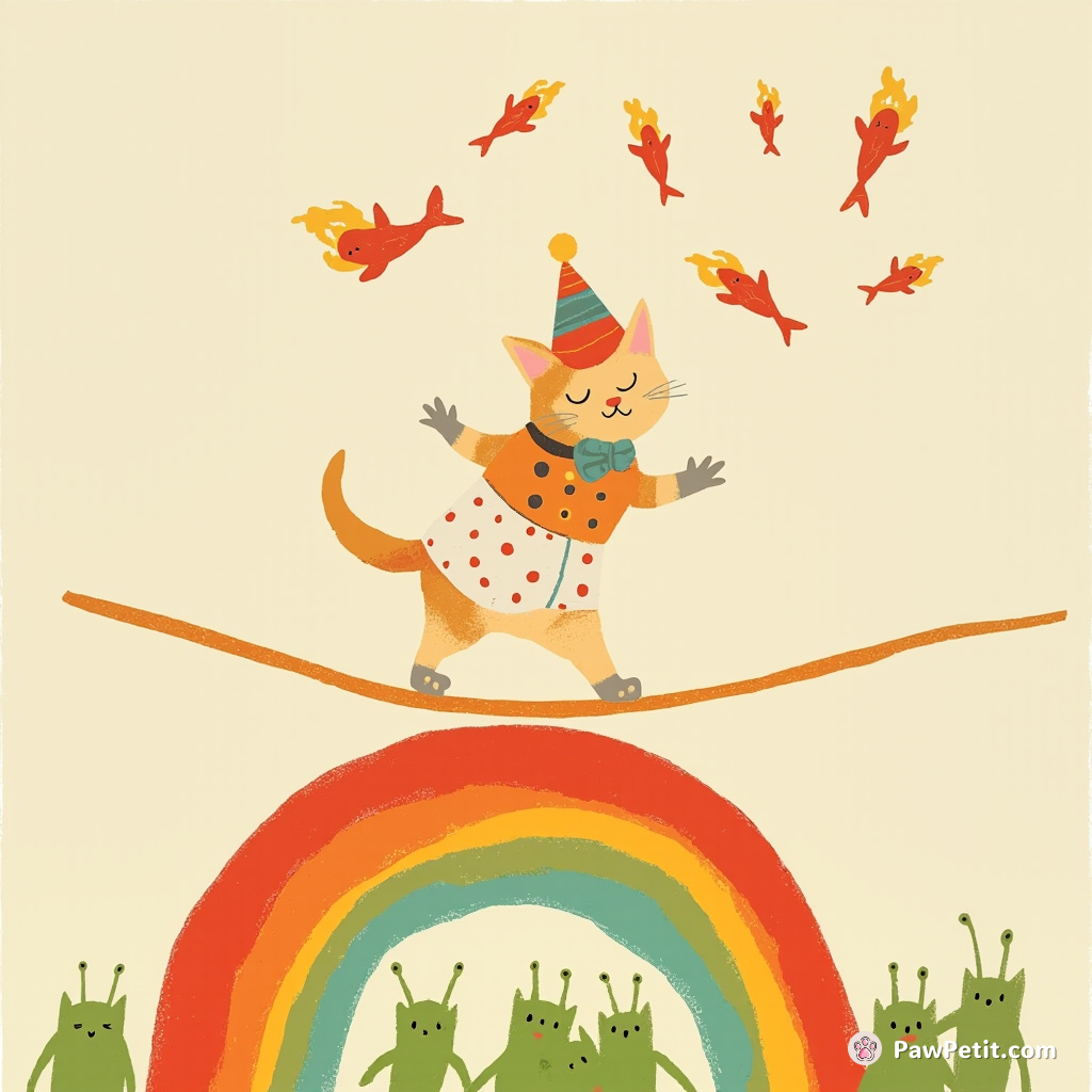 Cat tightrope walking on a rainbow wearing circus attire, juggling flaming fish above an audience of little green aliens.