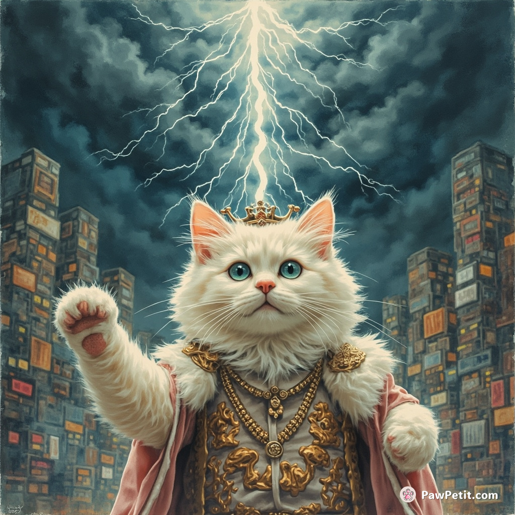 Emperor Fluffball raises his paw-command; electricity ceases, plunging once bustling human cities into powerless, feline-ruled darkness.