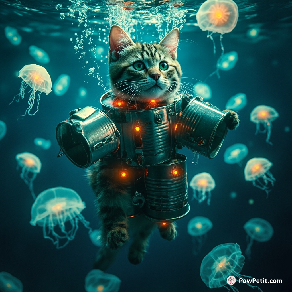 Cybernetic cat conducting a symphony of repurposed tin cans underwater surrounded by fluorescent jelly fishes.