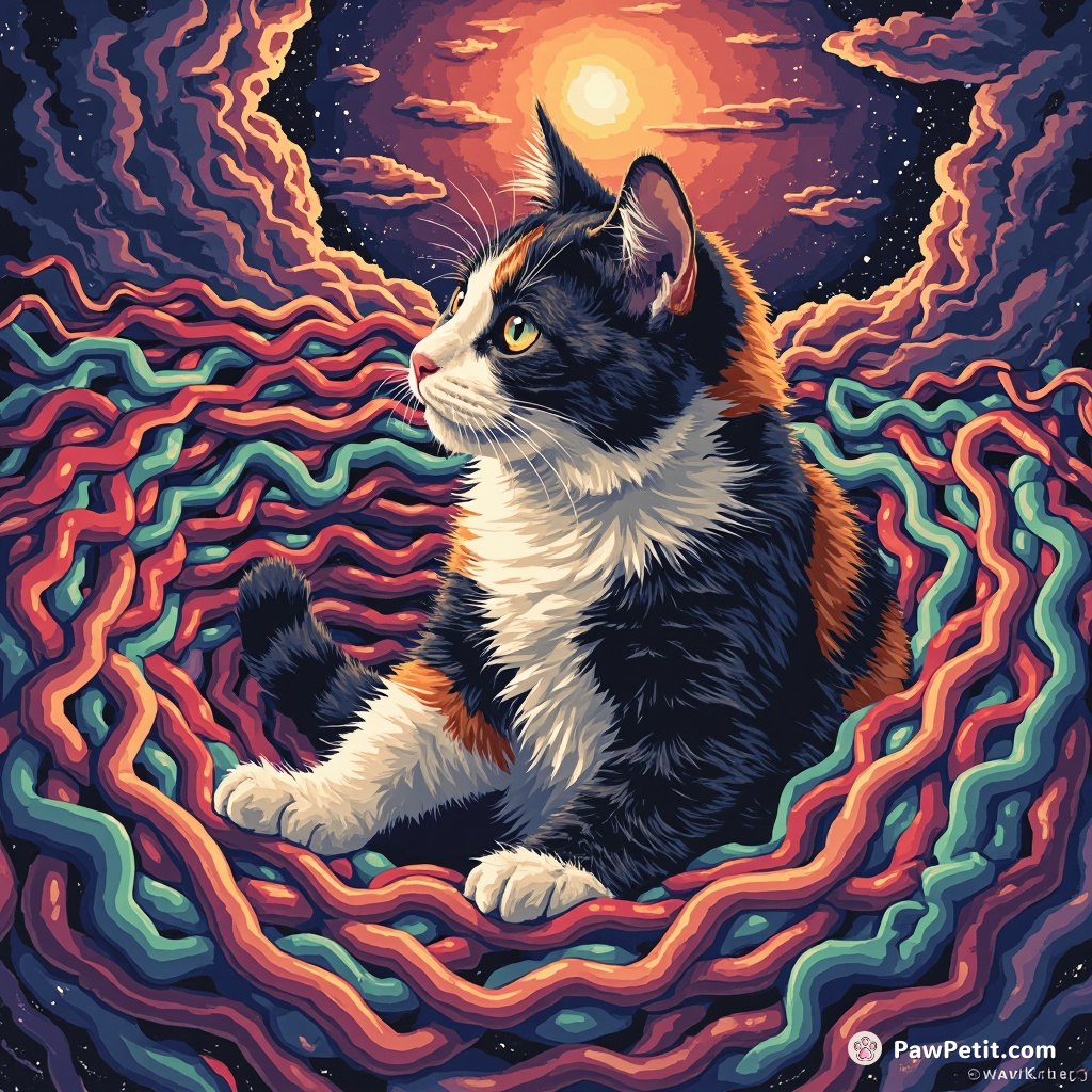 Single-pawed, the calico cat recalibrated the swirling, boisterous mega-cylix with honed reflexes pacing its feline heart rhythm.