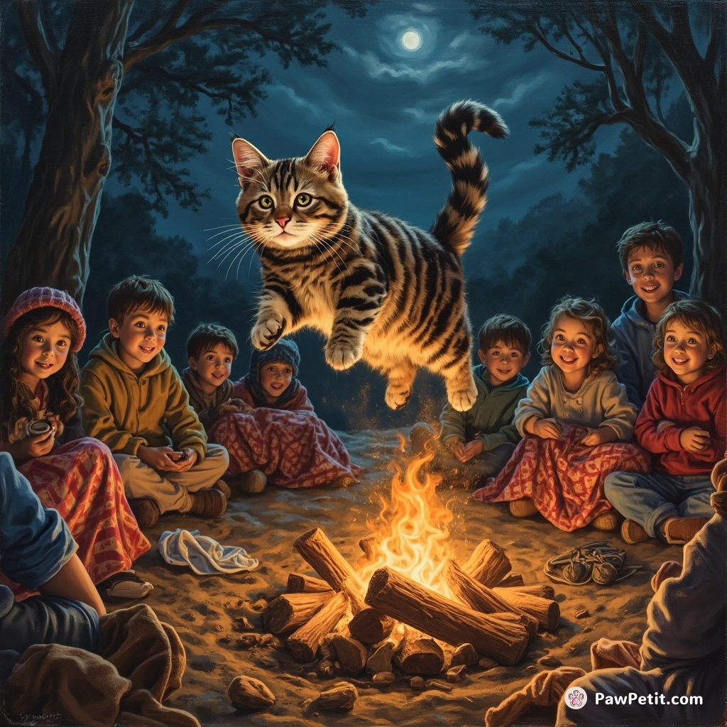 With majestic quickness, the cat leaps erratically amid a lively nocturnal campfire gathering, tangling in rustling picnic blankets.