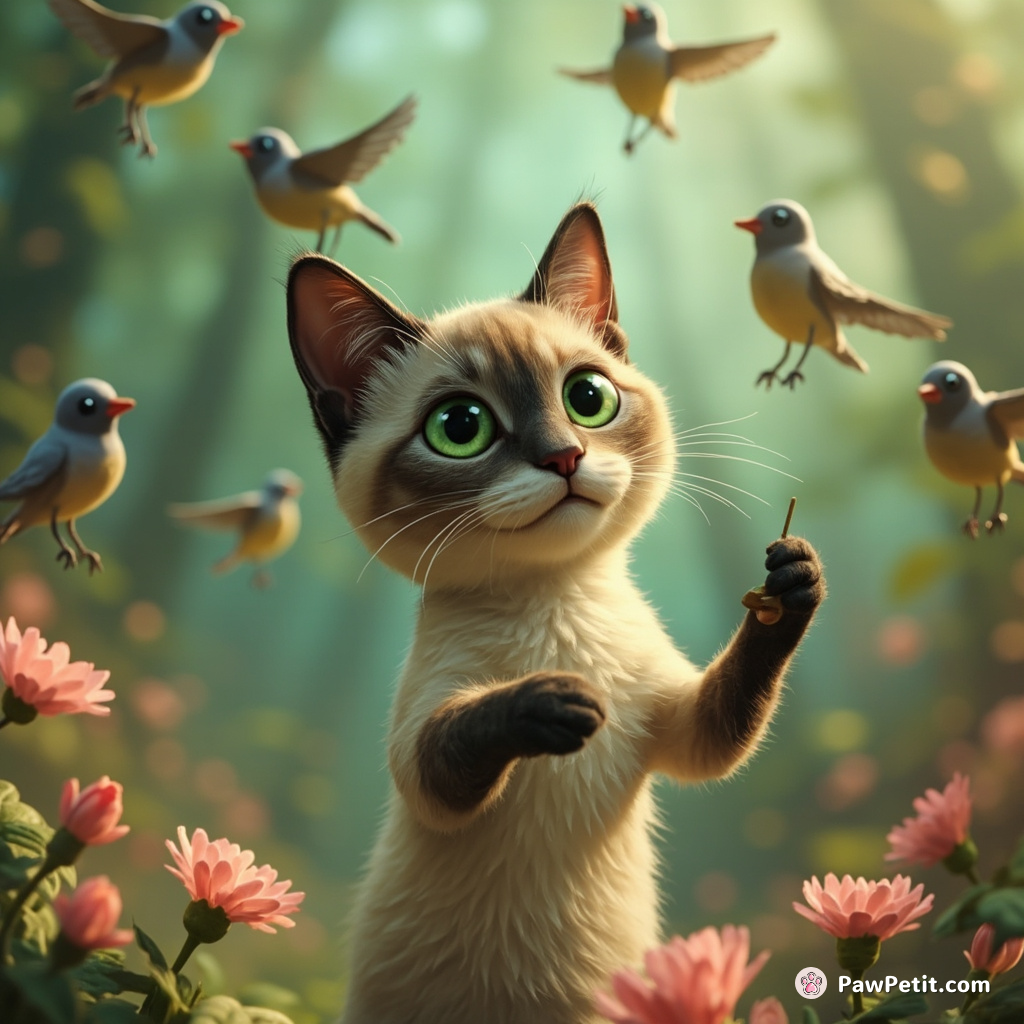 A Siamese cat conducting a symphony of trilling birds amidst a candy cane forest.