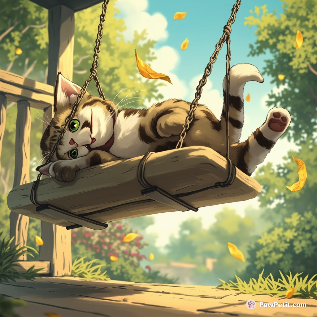Dispatching pursuit of a fluttering leaf, the tabby cat orchestrates a backed-paw somersault off the porch swing — with unintended grace.