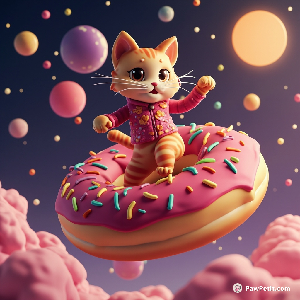 Cat dancing flamenco on a colossal, sugary donut floating in outer space.
