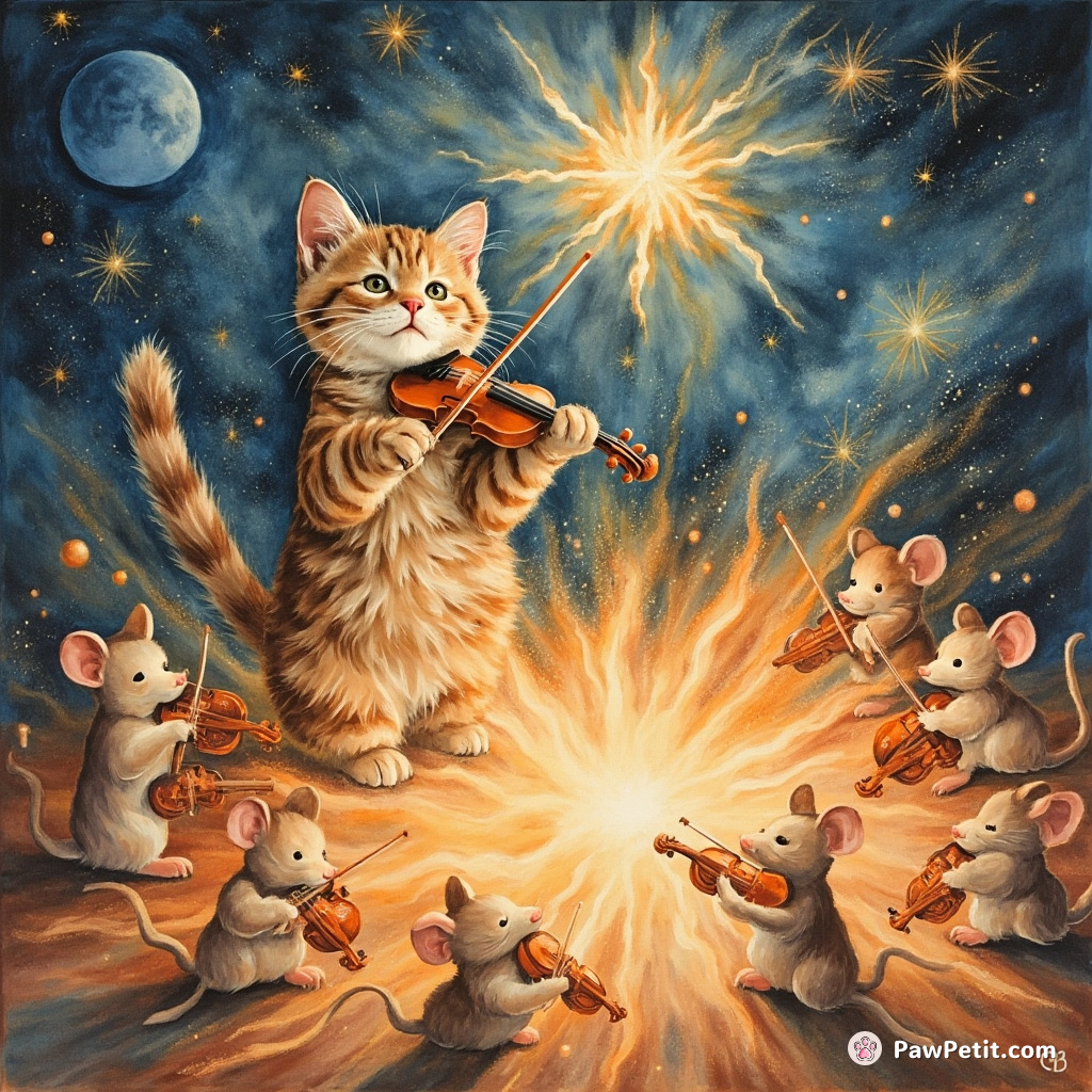 Cat leading a orchestra of mice playing miniature violins in the midst of supernova explosion.