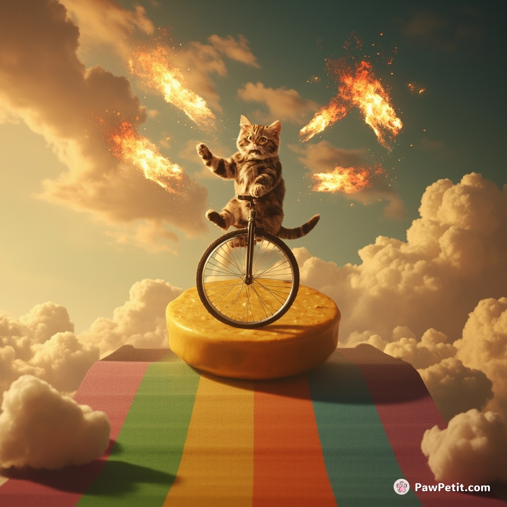 A cat juggling fireballs while riding a unicycle atop an enormous cheese wheel rolling down a rainbow.