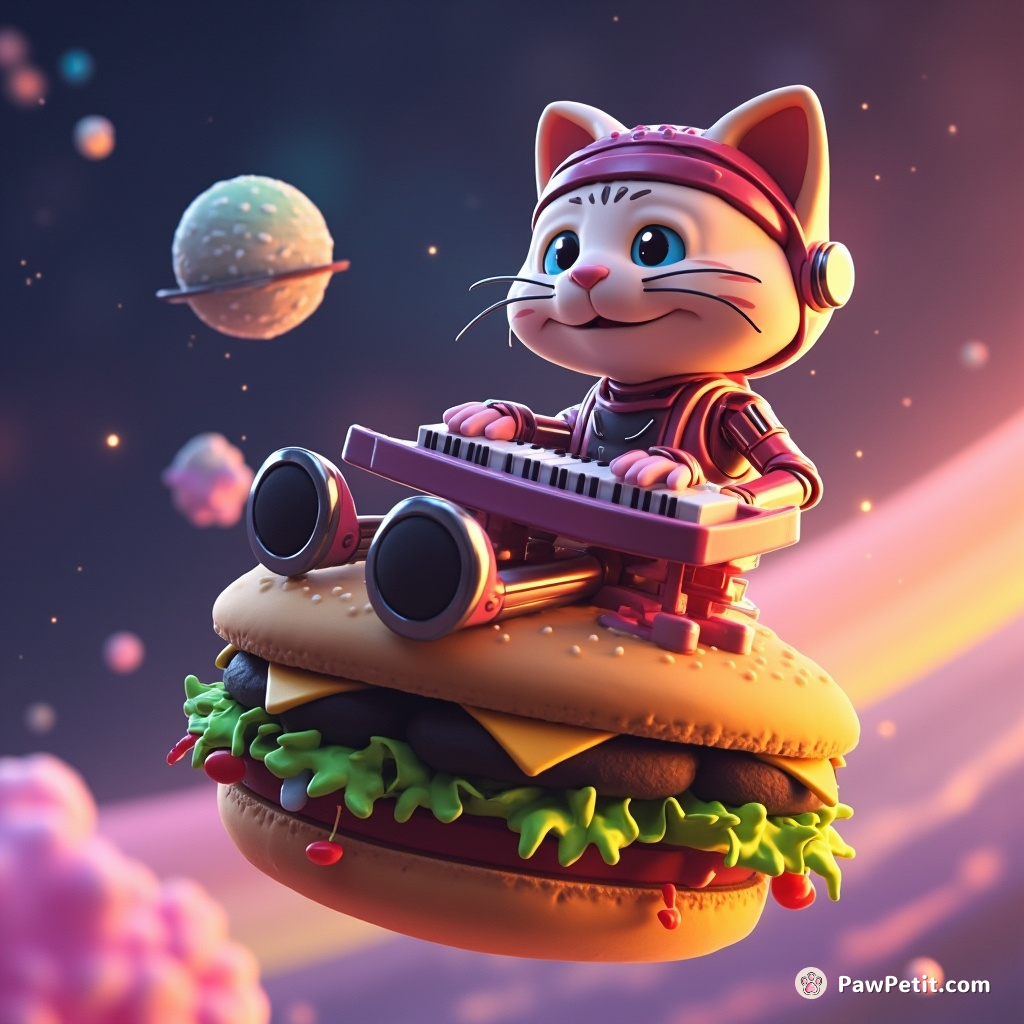 Cyborg cat playing classical piano atop a floating, rainbow cheeseburger in space.