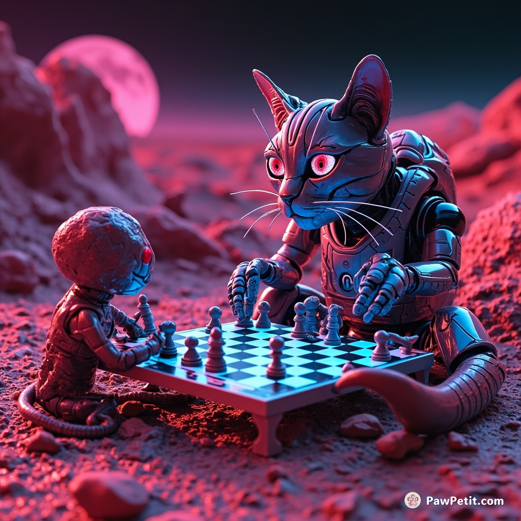 A giant robot cat engaged in a tabletop chess match with octopus aliens on Mars.