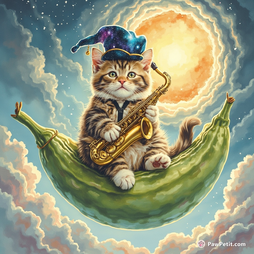 A regal feline wearing a galaxy-print tricorn hat effortlessly plays a golden saxophone atop a pulsating lima bean hovering perilously close to an inter-dimensional portal.