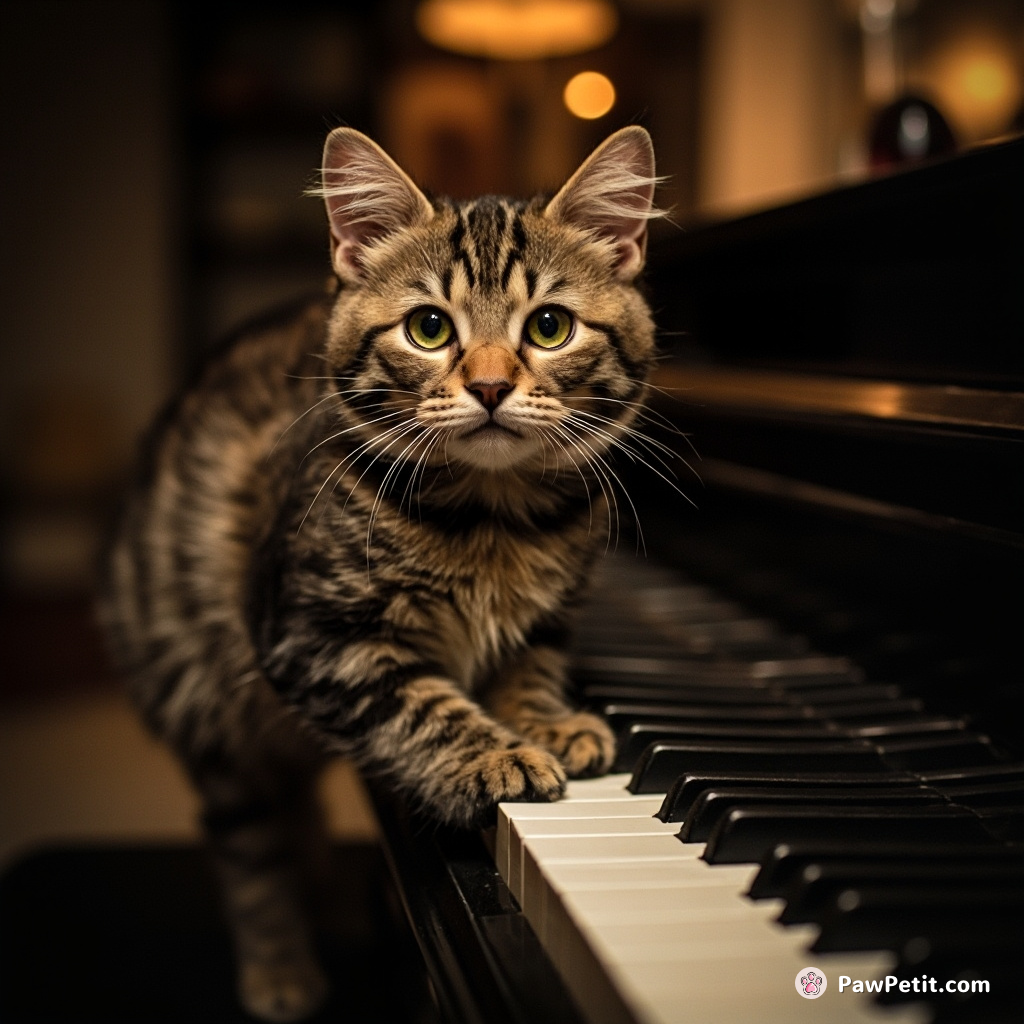 The cat confidently strides up to a piano, effortlessly playing intricate melodies with surprising precision and flair.