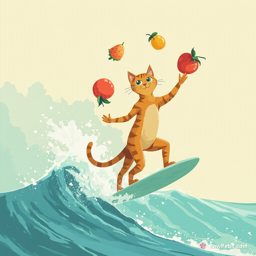 A three-legged cat juggling alien fruits on a crystalline surfboard riding an interdimensional tidal wave.