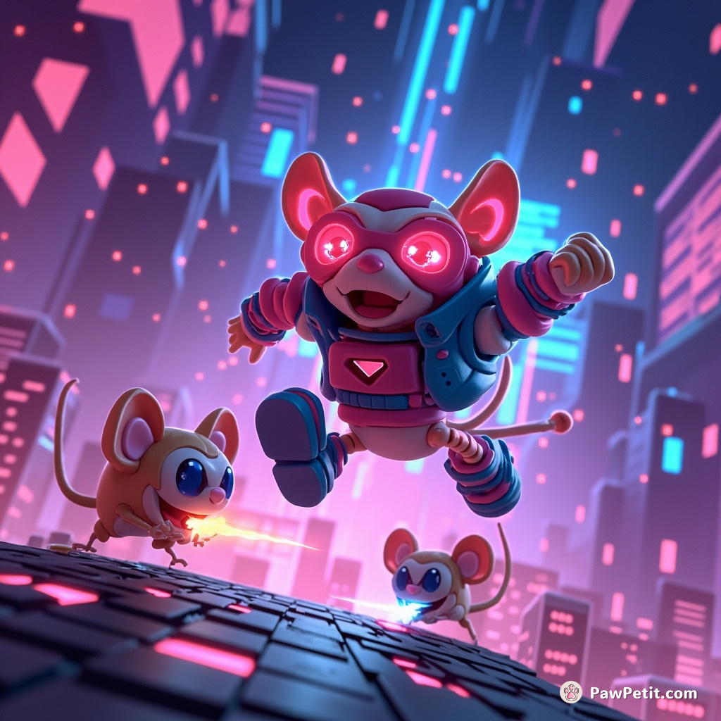 In a glowing matrix of 1s and 0s, Cyber-Wiskers leaps pixelated rooftops, pouncing on electric mice with digital grace.