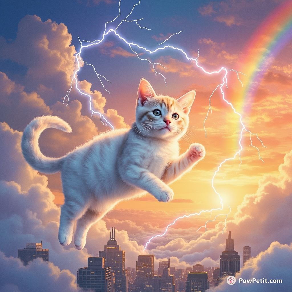Cat composed of clouds flying over a cityscape while juggling lightning bolts during a rainbow sunset.