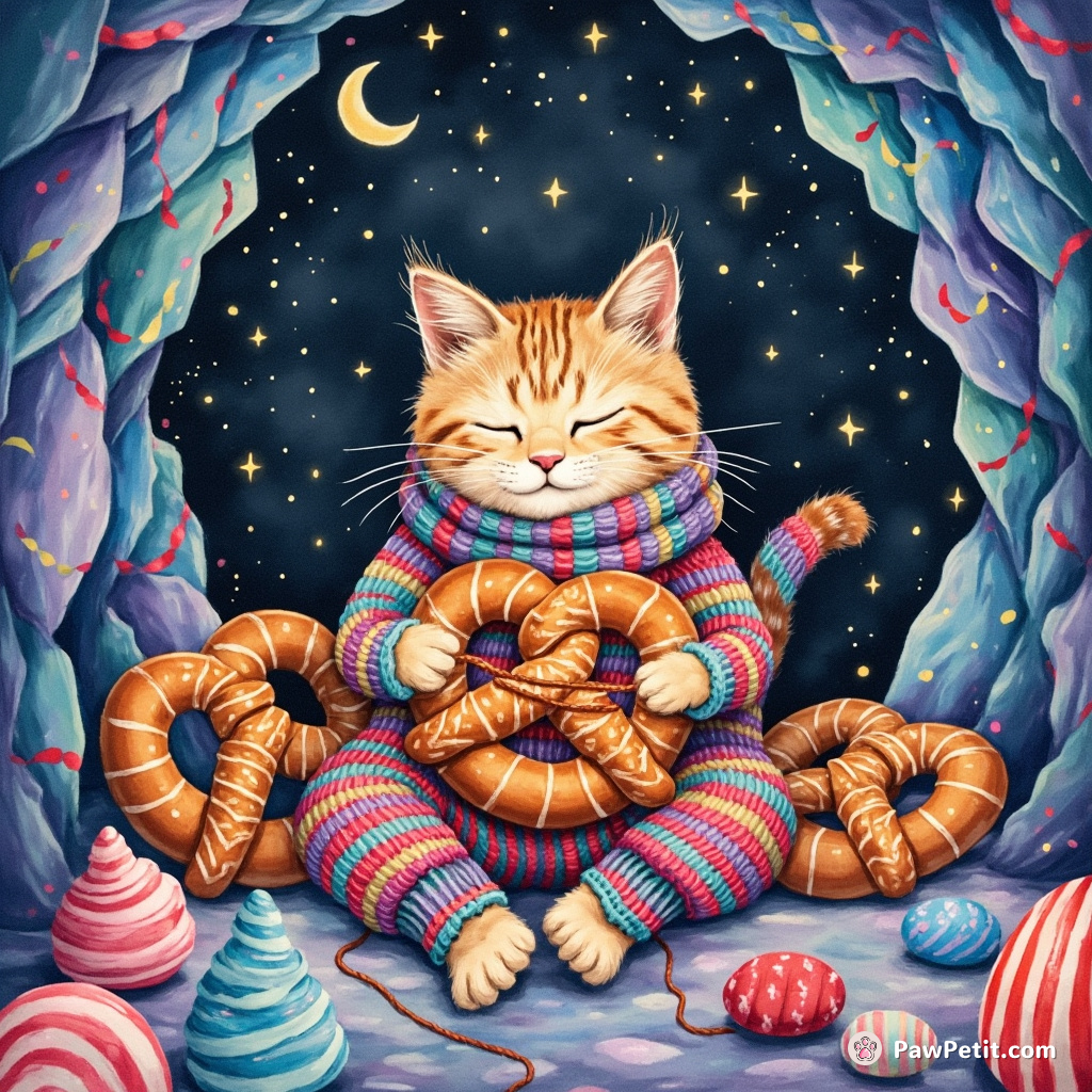 A multicolored macrame cat knitting giant pretzels in a crystal cave under Candyland's starry skies.