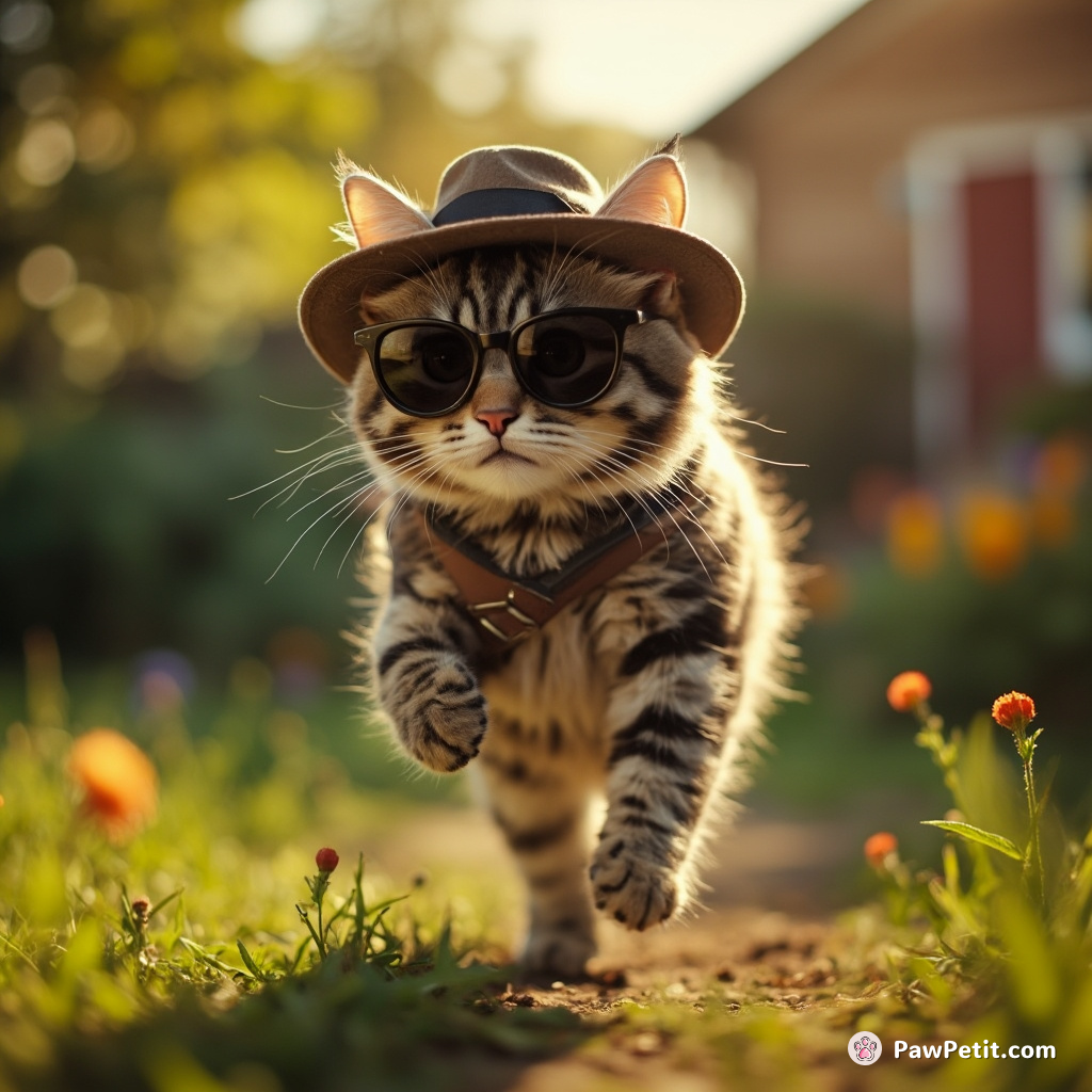 The cat, in a panic, clumsily dons a tiny hat and sunglasses, sprinting wildly towards the garden.