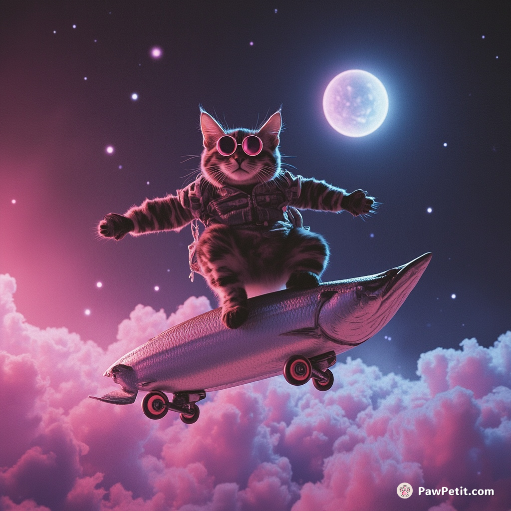 A three-eyed cat skateboarding on a spectral floating tuna fish against a glowing supernova backdrop.