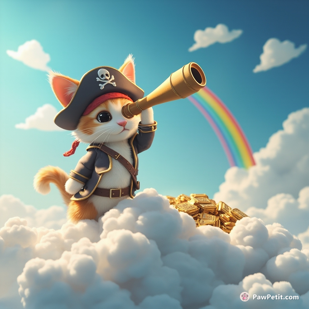 A pirate cat treasure hunting on a cloud island, using a rainbow as telescope.