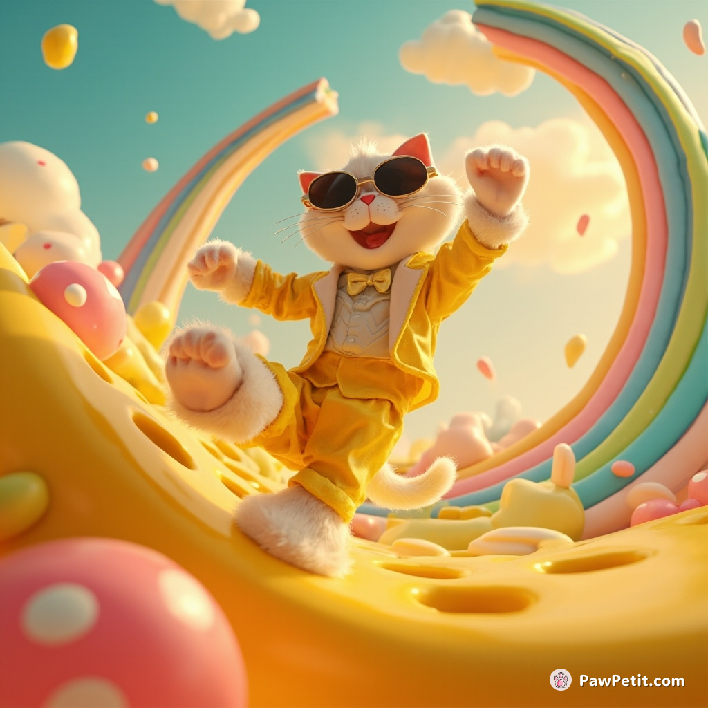 Cat performing a samba dance under an upside-down rainbow in low gravity, wearing a tuxedo made of cheese.