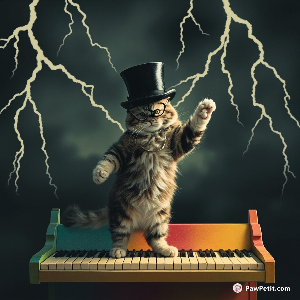 A cat tap-dancing on a color-changing piano in the middle of a thunderstorm while wearing a top hat and monocle.