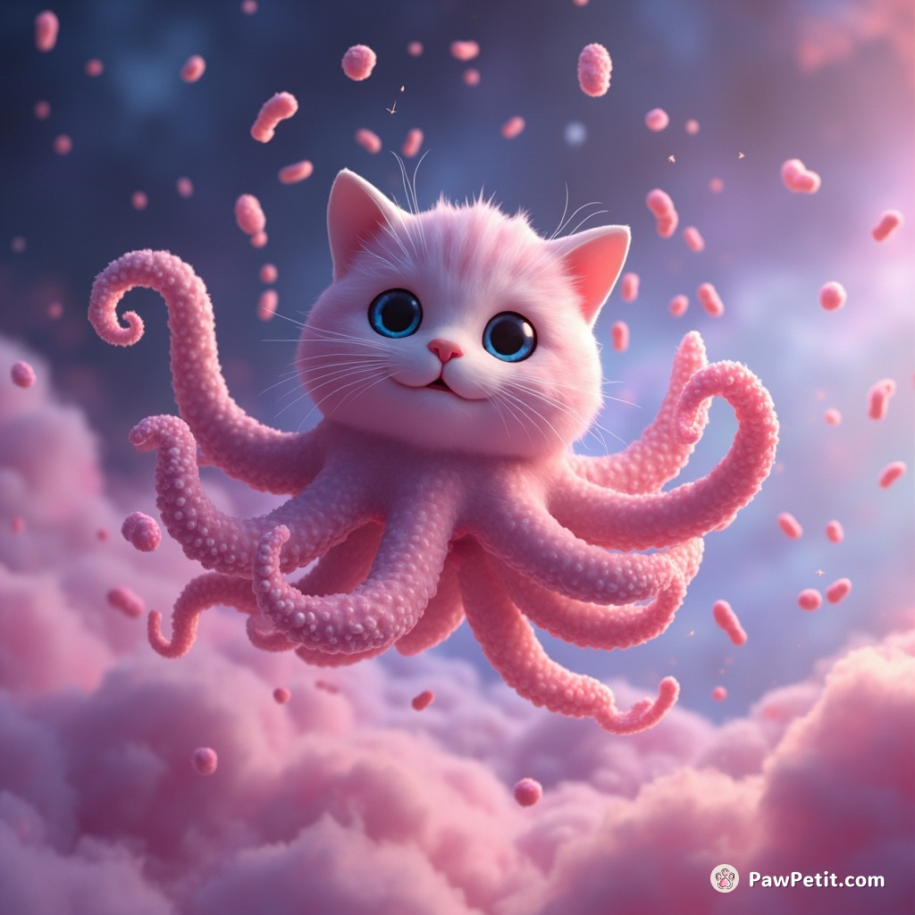 Octopus-cat hybrid floating through a candy cotton nebula, juggling miniature comets with its tentacles.