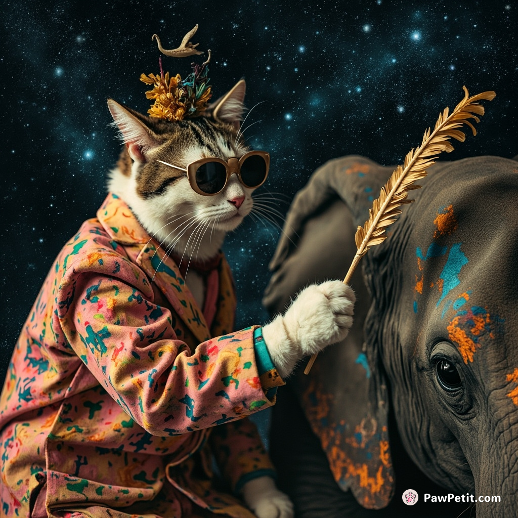 Cat dressed as Pablo Picasso, painting starlit galaxies onto an elephant with a quill pen made of sunflower petals.