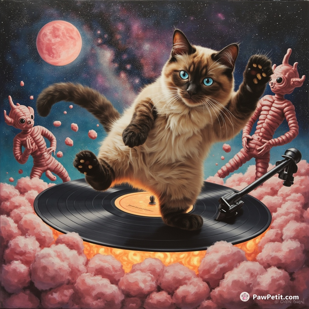 A giant Siamese cat breakdancing on a glowing vinyl record floating in a cotton candy galaxy, while eccentric aliens clap along to the rhythm.