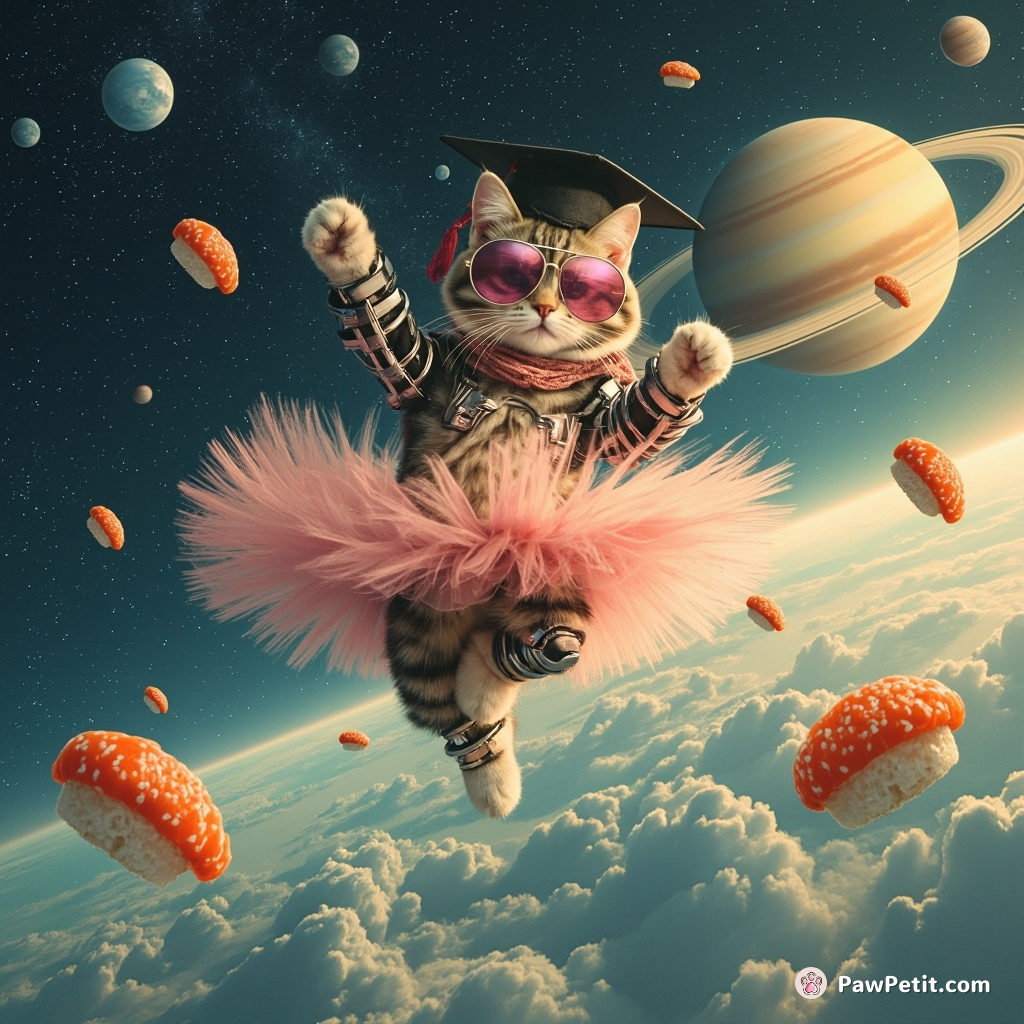 A cyborg cat break-dancing on the rings of Saturn wearing a tutu and a graduation hat, surrounded by floating sushi.