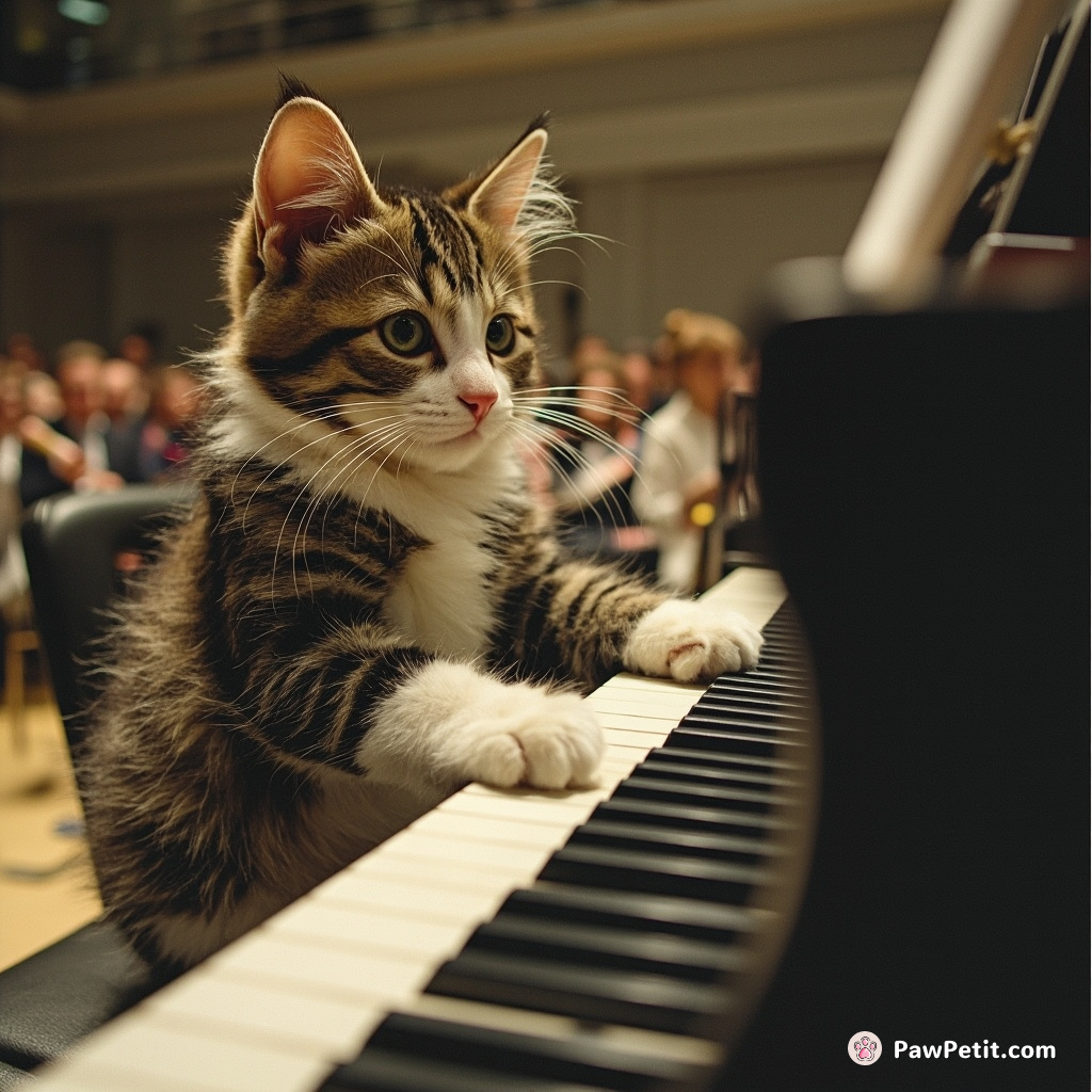 A visionary feline, convinced of its incredible piano skills, challenges a concert pianist at a recital, clawing melodically.