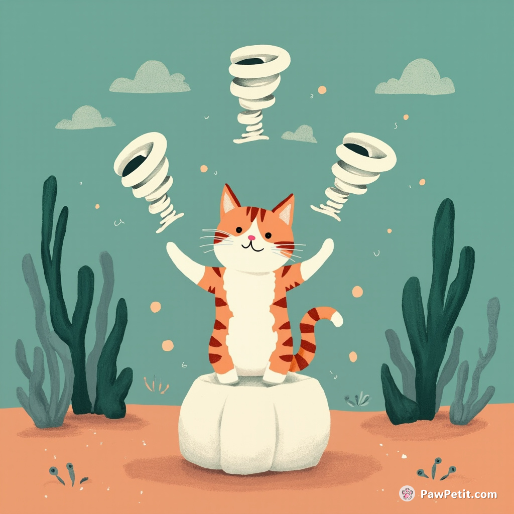 Cat juggling three mini tornadoes, balancing on a wobbly marshmallow in an underwater Atlantis carnival.