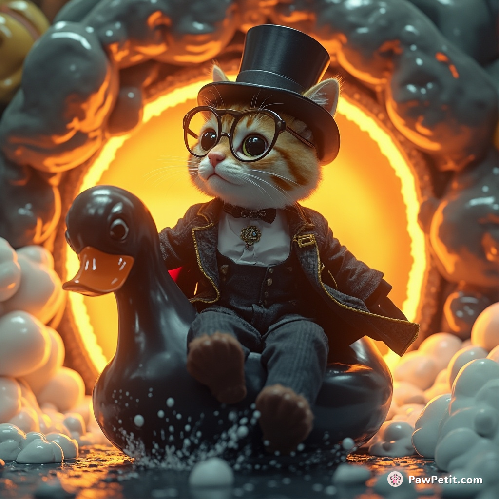 Cat in a three-piece suit, riding a jet-powered rubber ducky through an interdimensional portal.