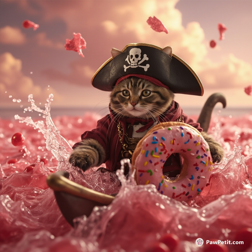 A pirate cat sailing through the cherry soda sea using a donut as a compass.