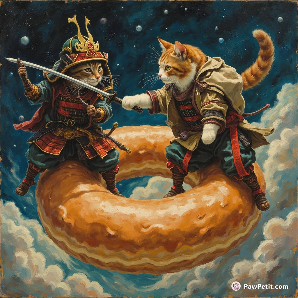 Cat sword-fighting against a snail in samurai attire on top of a giant doughnut in space.