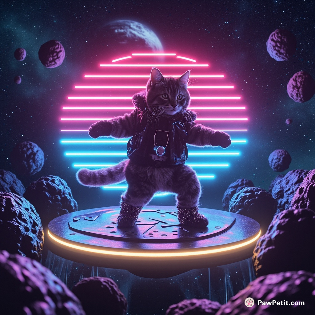 A disco-dancing cat grooving on a floating fish-shaped stage in outer space, with asteroids as spectators.