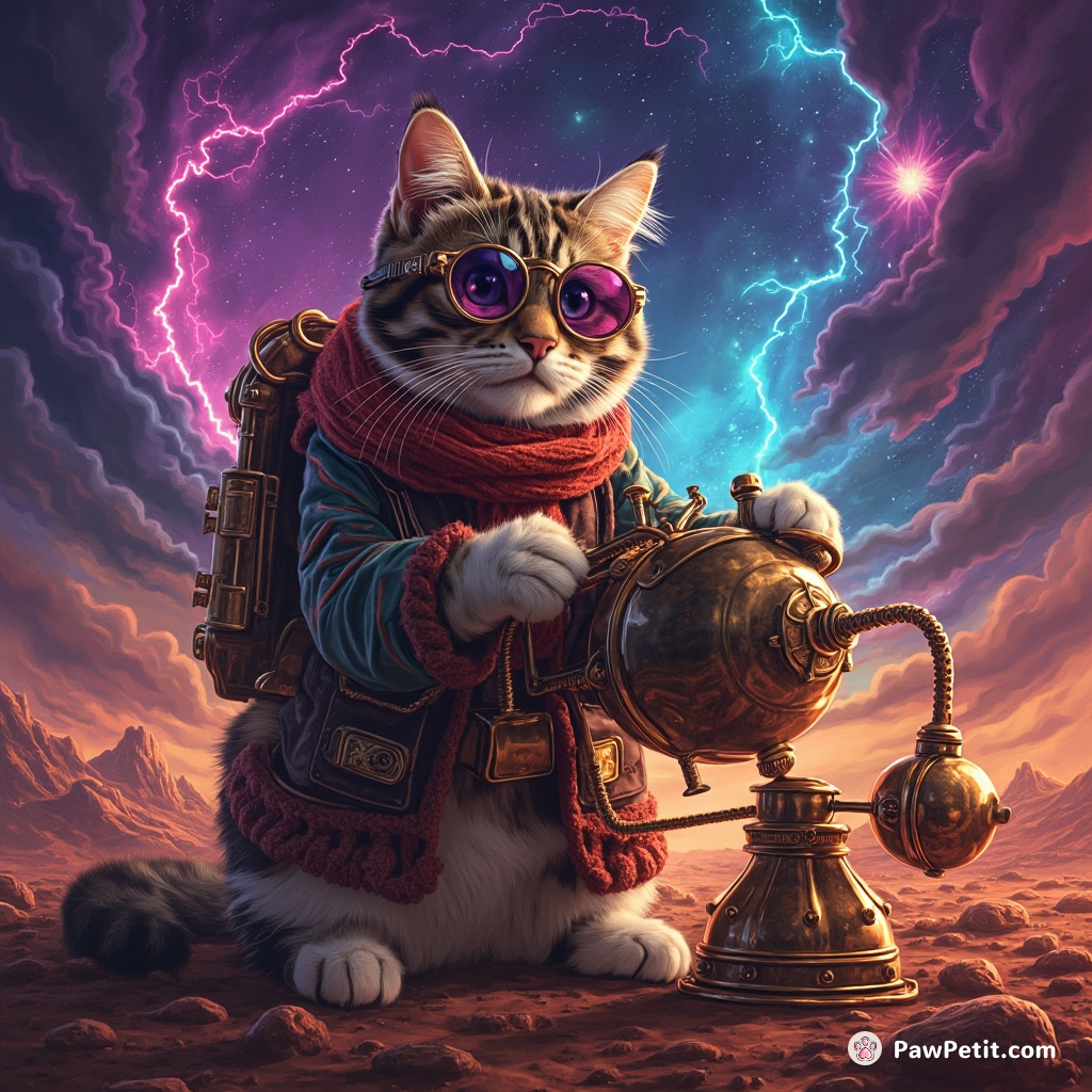 Steampunk cat operating a time-traveling coffee machine on Mars during a neon storm.