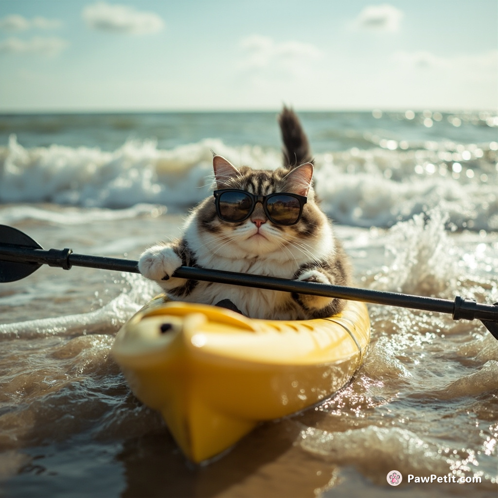 In riotous rapture, the cat donned sunglasses, frantically paddled homemade kayak away from shore, tail flailing like spooked seagull.