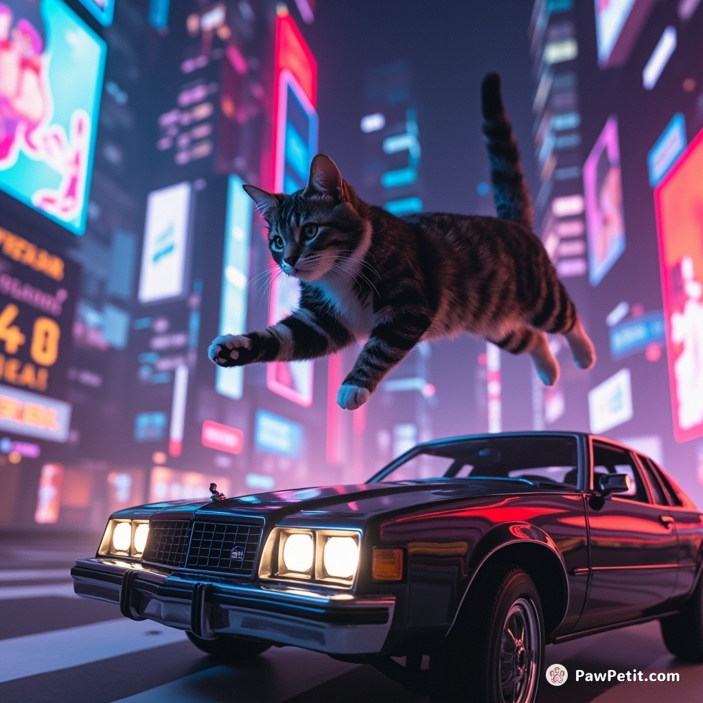 A cat leaps between levitating cars, gracefully landing on a drone displaying rooftop in the neon-lit megacity.