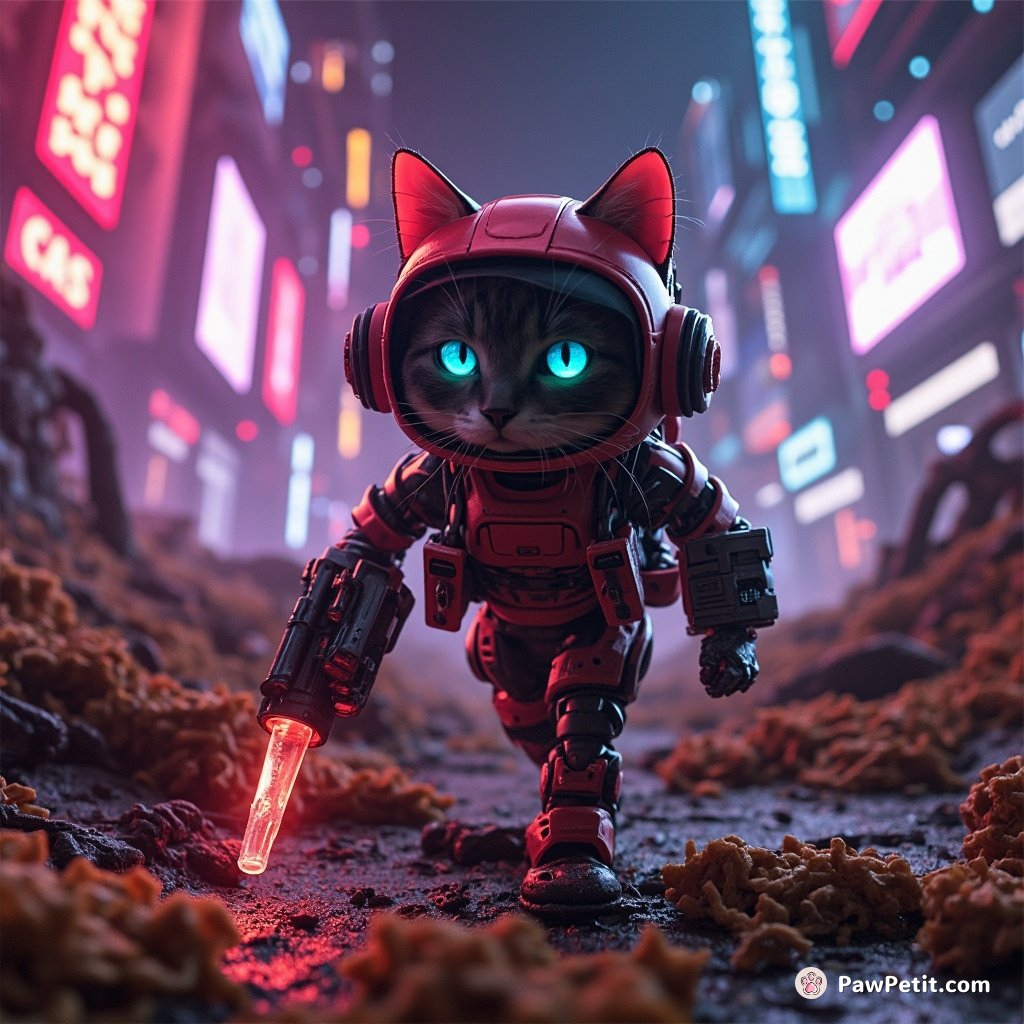 Cyborg cat exploring a post-apocalyptic lasagna wasteland.